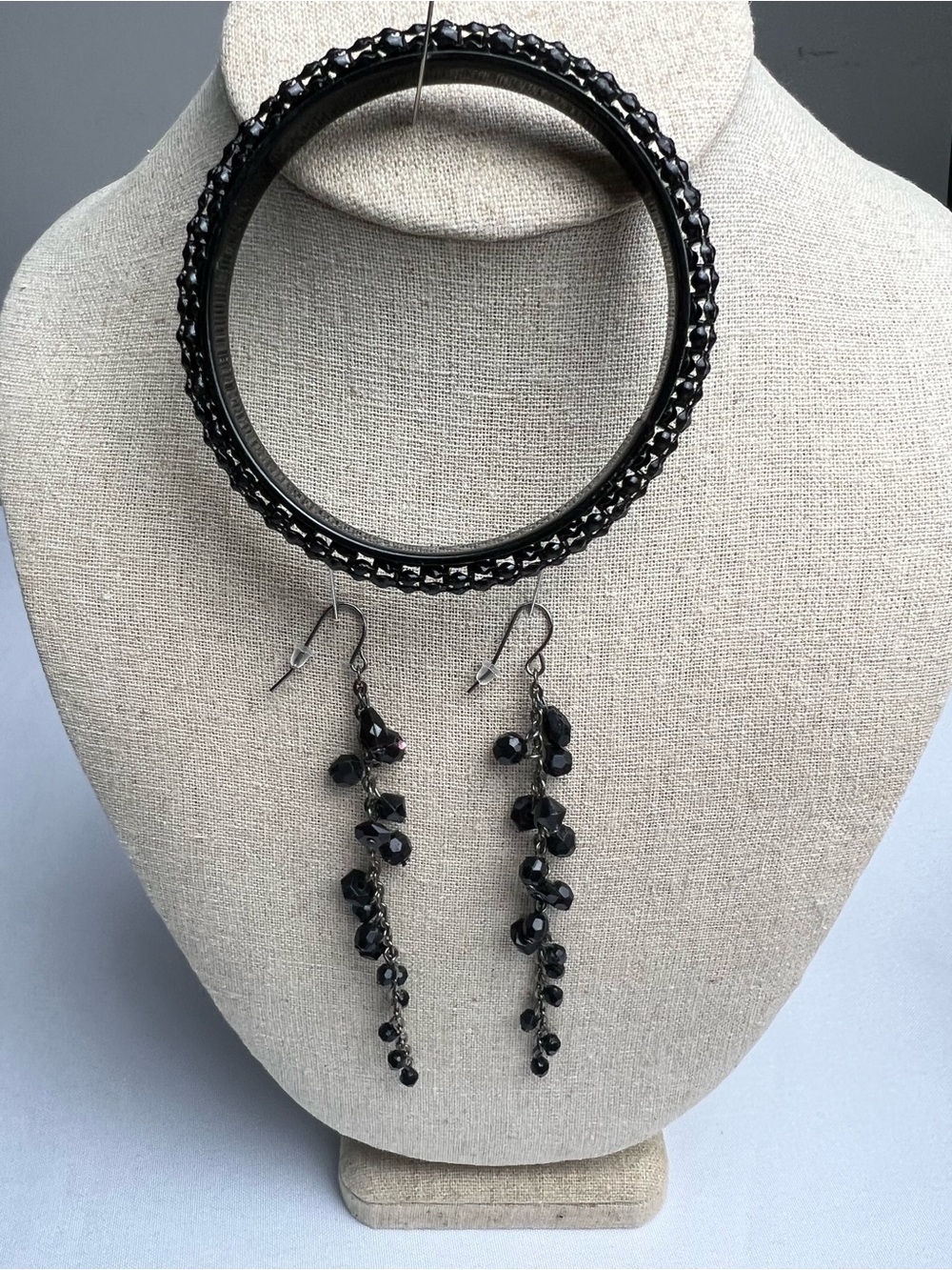 Black Waterfall Faceted Earrings Featuring Cascading Design & Black Metal Bangle